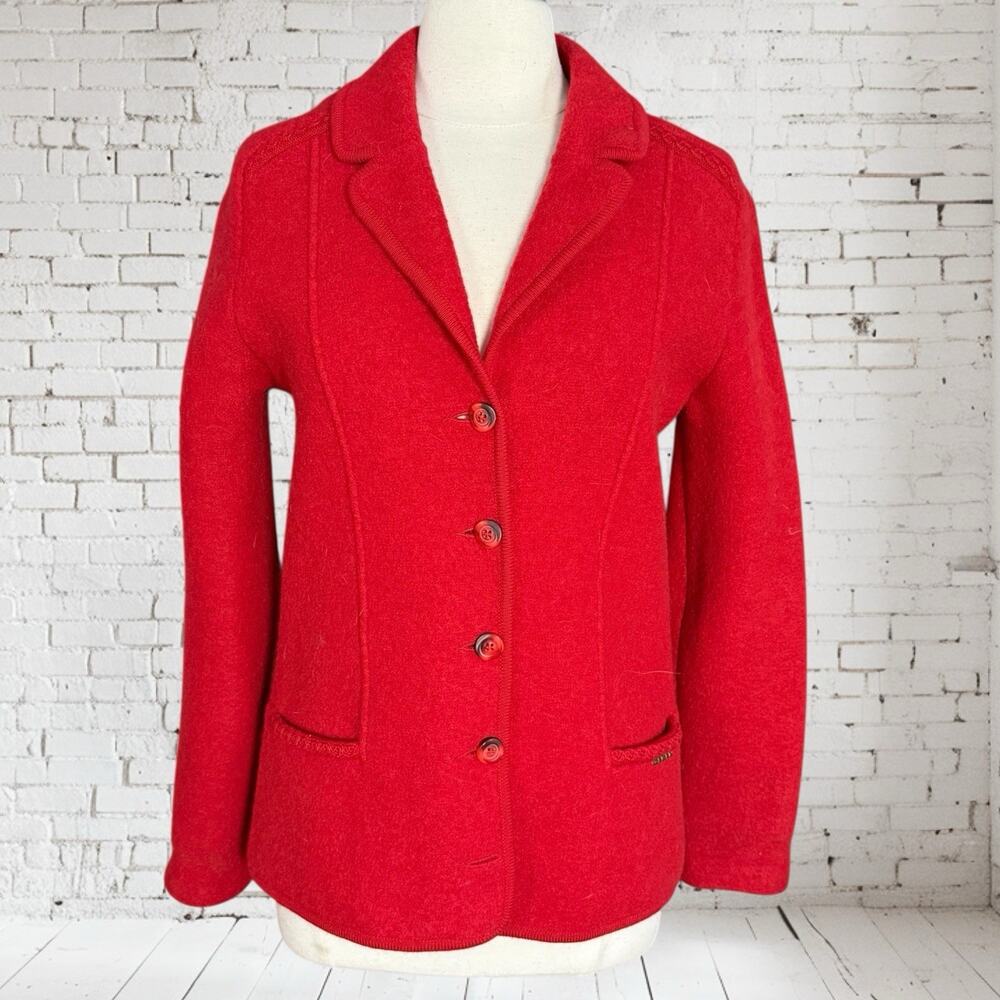 Geiger Tyrol Boiled Wool Jacket Sz 44 Austria runs Small 38"Bust Cardinal Red